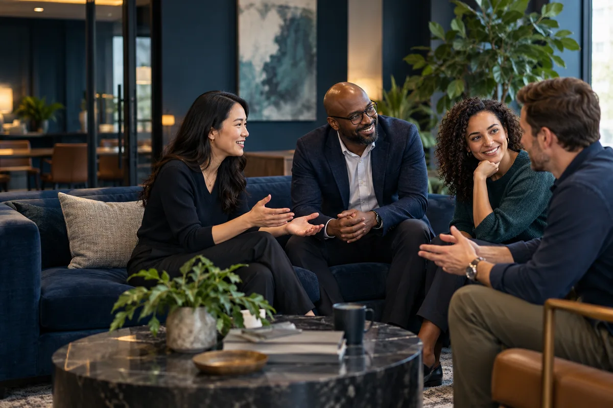 A consulting team in conversation in an office lounge