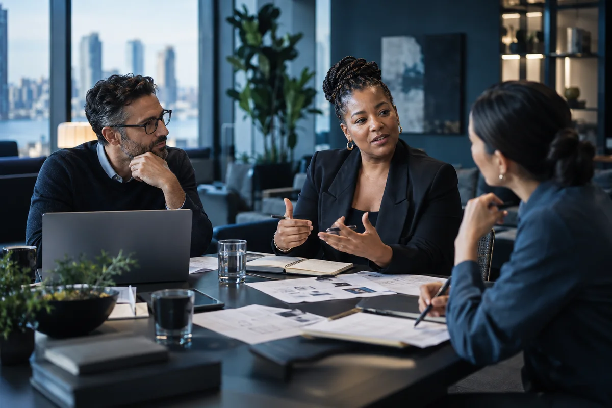Business leaders discussing strategy together around a table