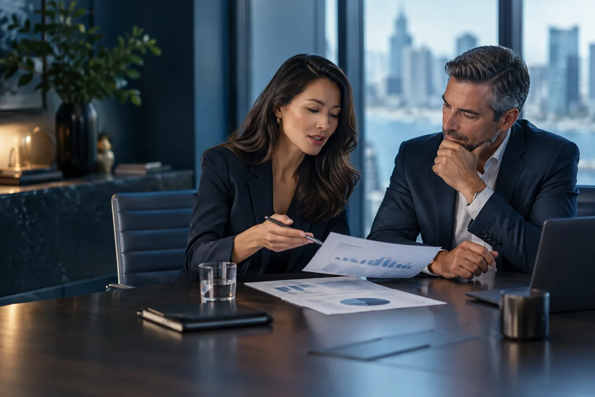 Executives discussing a printed dashboard