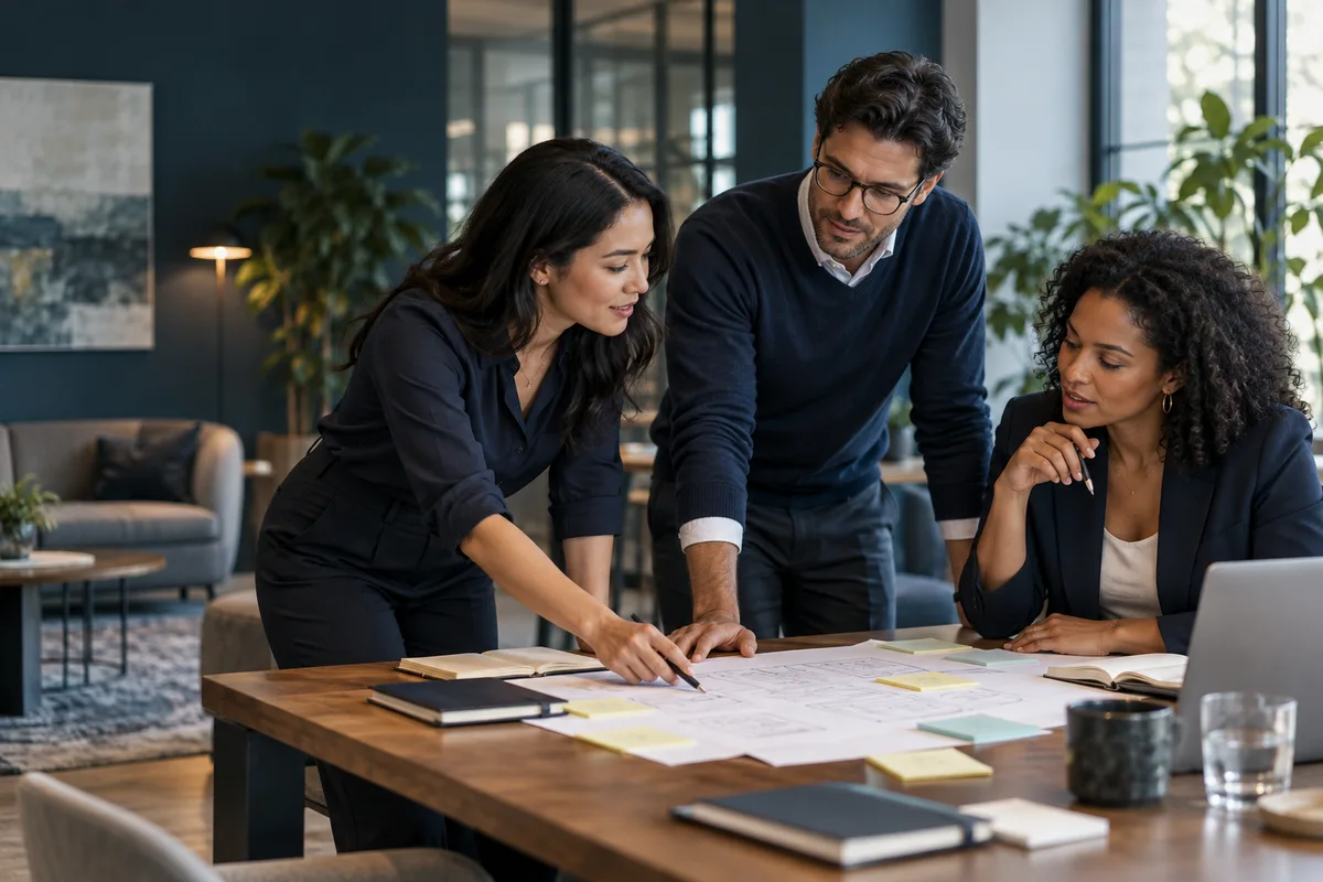 An operations team discussing a workflow sketch