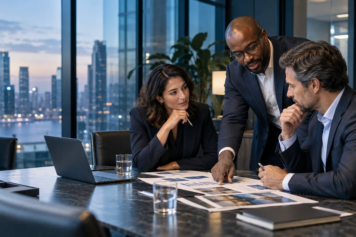 Business leaders reviewing project outcomes together