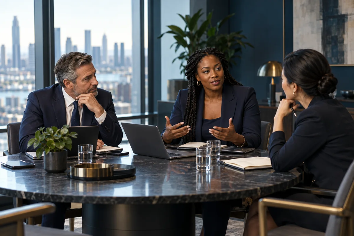 An executive leading a focused discussion with senior colleagues