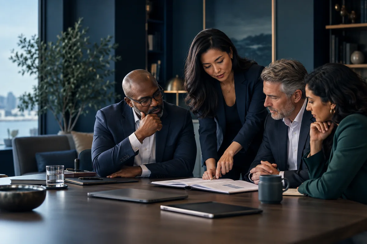 A leadership group reviewing a document together