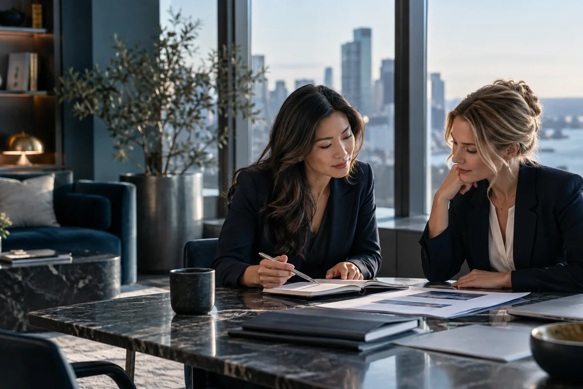 Two professionals discussing research and notes by a window